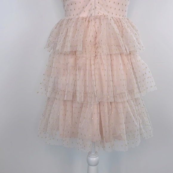 Lulu’s Blush Pink with Gold Dots Tiered Sleeveless Tulle Mini Dress. Size Small - Picture 8 of 12